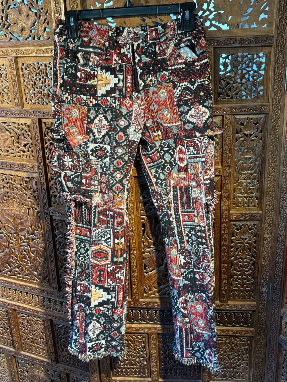 Rockstar Original Straight Leg Patchwork Cargo Pants in Multicolor Red Pattern